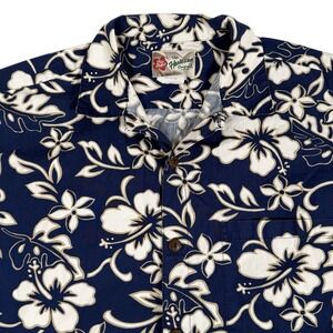 Hilo Hattie Shirt Mens L‎ Blue Hawaiian Aloha Tropical Made in Hawaii Button Up